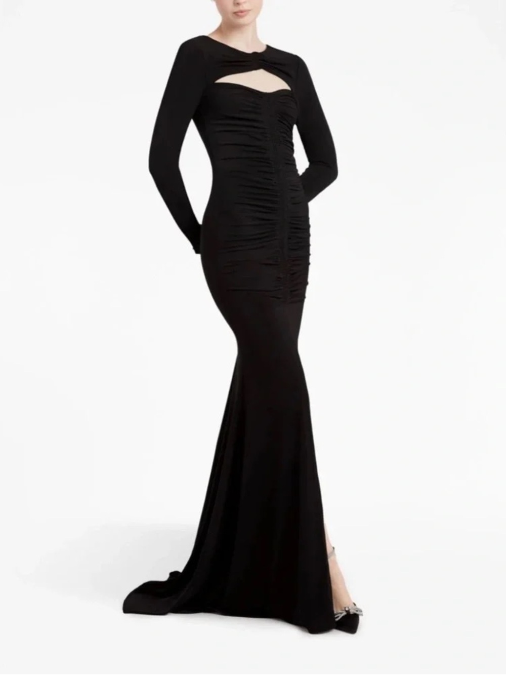 cinq a sept perri Black Long-Sleeve Ruched Cutout Mermaid Gown